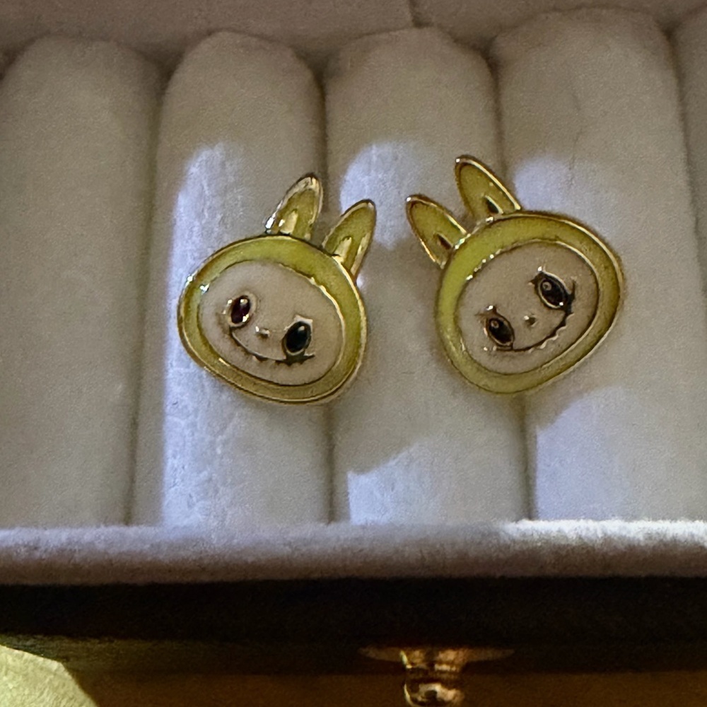 14K Gold Labubu Head Yellow Monster Theme Enamel Stud Earrings Kawaii Boutique